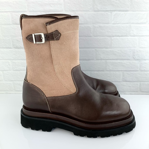 Free People Suede Leather Buckle Lug Double Up Moto Boots Chocolate Size 8 EU38 - Picture 3 of 15